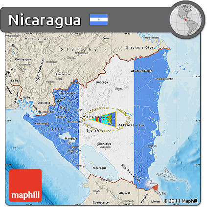 Flag Map of Nicaragua, shaded relief outside, bathymetry sea, flag rotated
