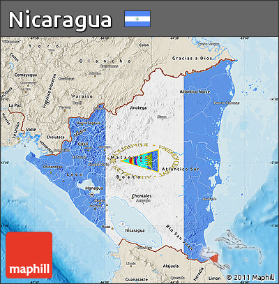 Flag Map of Nicaragua, shaded relief outside, bathymetry sea, flag rotated