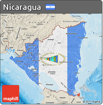 Flag Map of Nicaragua, shaded relief outside, bathymetry sea, flag rotated