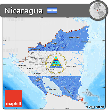 Flag Map of Nicaragua, single color outside, bathymetry sea, flag centered