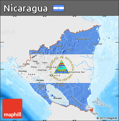 Flag Map of Nicaragua, single color outside, bathymetry sea, flag centered