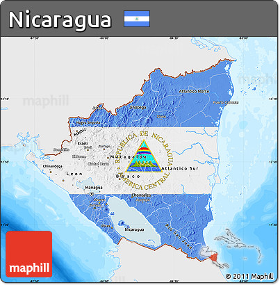 Flag Map of Nicaragua, single color outside, bathymetry sea, flag centered