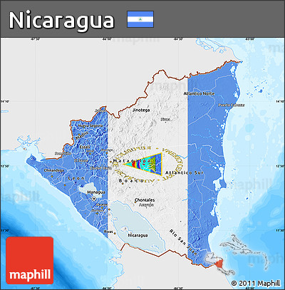Flag Map of Nicaragua, single color outside, bathymetry sea, flag rotated