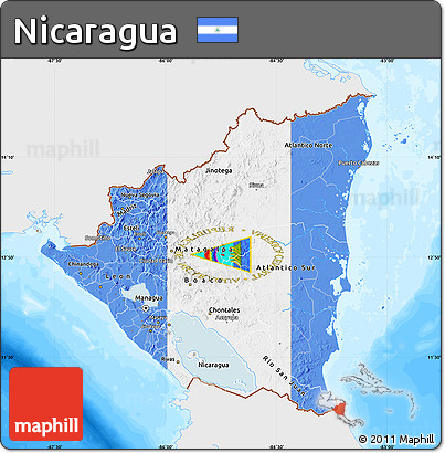 Flag Map of Nicaragua, single color outside, bathymetry sea, flag rotated