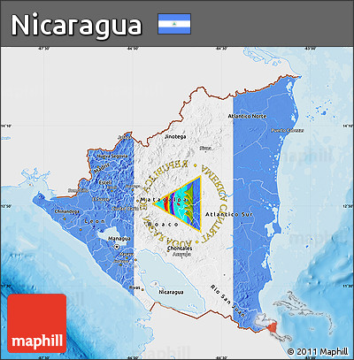 Flag Map of Nicaragua, single color outside, bathymetry sea, shaded relief sea, flag aligned to the middle