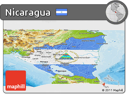 Flag Panoramic Map of Nicaragua, physical outside, bathymetry sea, flag centered