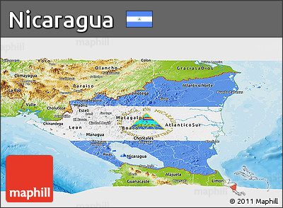 Flag Panoramic Map of Nicaragua, physical outside, bathymetry sea, flag centered