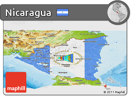 Flag Panoramic Map of Nicaragua, physical outside, flag aligned to the middle