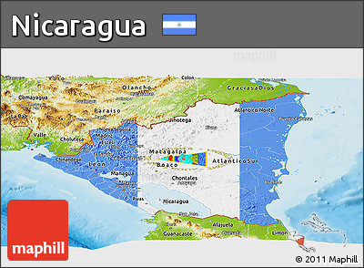 Flag Panoramic Map of Nicaragua, physical outside, flag rotated