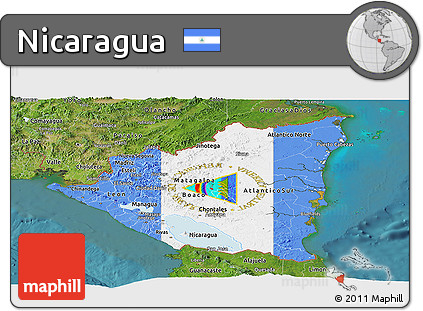 Flag Panoramic Map of Nicaragua, satellite outside, flag aligned to the middle