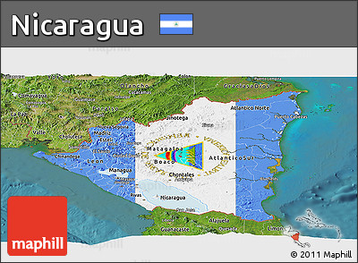 Flag Panoramic Map of Nicaragua, satellite outside, flag aligned to the middle
