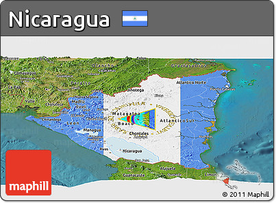 Flag Panoramic Map of Nicaragua, satellite outside, flag aligned to the middle