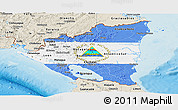 Flag Panoramic Map of Nicaragua, shaded relief outside, flag centered