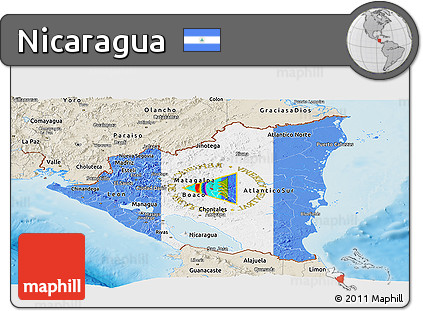 Flag Panoramic Map of Nicaragua, shaded relief outside, flag aligned to the middle
