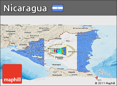 Flag Panoramic Map of Nicaragua, shaded relief outside, flag aligned to the middle