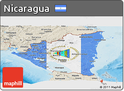 Flag Panoramic Map of Nicaragua, shaded relief outside, flag aligned to the middle