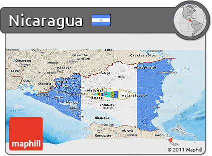 Flag Panoramic Map of Nicaragua, shaded relief outside, flag rotated