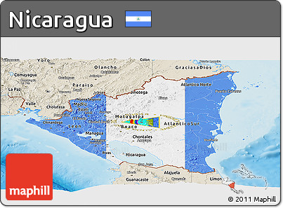 Flag Panoramic Map of Nicaragua, shaded relief outside, flag rotated