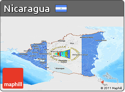 Flag Panoramic Map of Nicaragua, single color outside, bathymetry sea, flag aligned to the middle