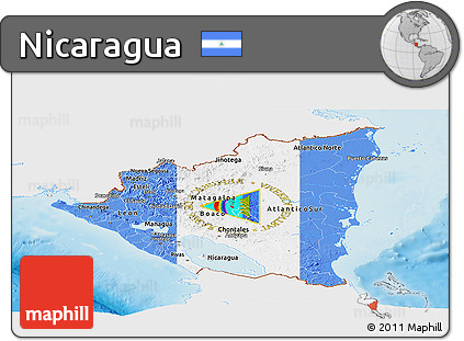Flag Panoramic Map of Nicaragua, single color outside, shaded relief sea, flag aligned to the middle