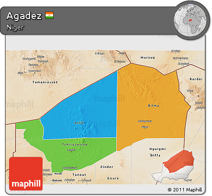 Political 3D Map of Agadez, satellite outside