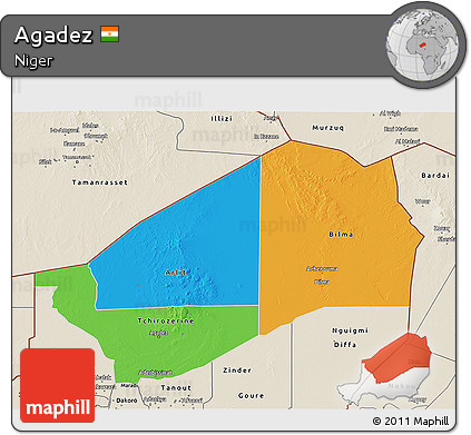 Political 3D Map of Agadez, shaded relief outside