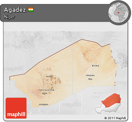 Satellite 3D Map of Agadez, lighten, desaturated