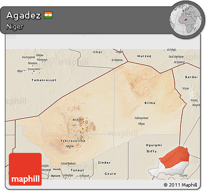 Satellite 3D Map of Agadez, shaded relief outside