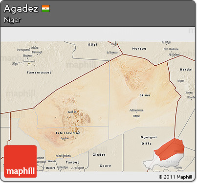 Satellite 3D Map of Agadez, shaded relief outside