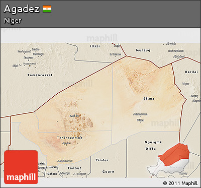 Satellite 3D Map of Agadez, shaded relief outside