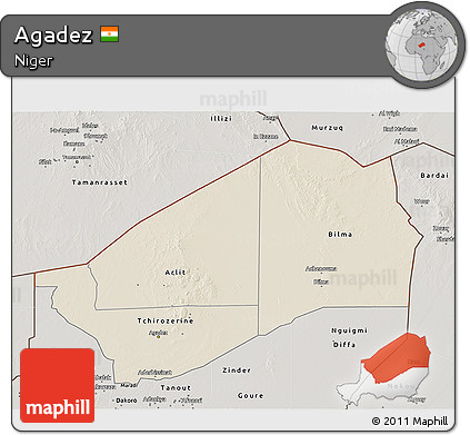 Shaded Relief 3D Map of Agadez, semi-desaturated