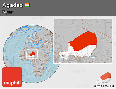 Gray Location Map of Agadez, highlighted country, hill shading