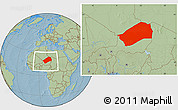 Savanna Style Location Map of Agadez, within the entire country, hill shading