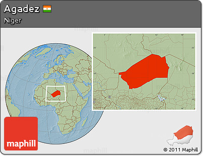 Savanna Style Location Map of Agadez, hill shading