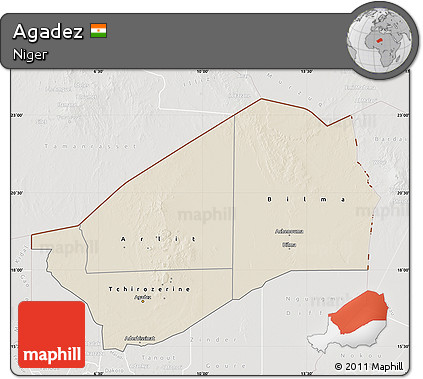 Shaded Relief Map of Agadez, lighten, semi-desaturated