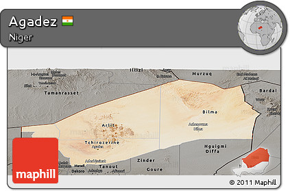 Satellite Panoramic Map of Agadez, darken, semi-desaturated
