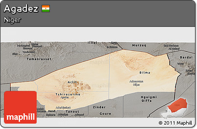 Satellite Panoramic Map of Agadez, darken, semi-desaturated