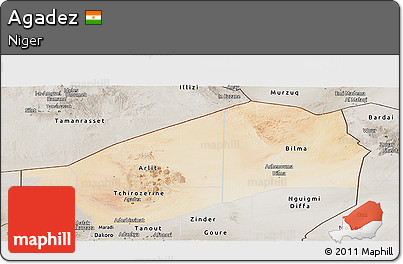 Satellite Panoramic Map of Agadez, semi-desaturated