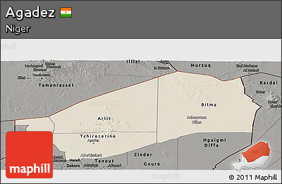 Shaded Relief Panoramic Map of Agadez, darken, semi-desaturated