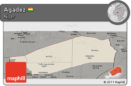 Shaded Relief Panoramic Map of Agadez, darken, semi-desaturated
