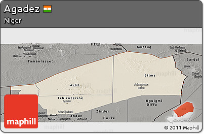 Shaded Relief Panoramic Map of Agadez, darken, semi-desaturated