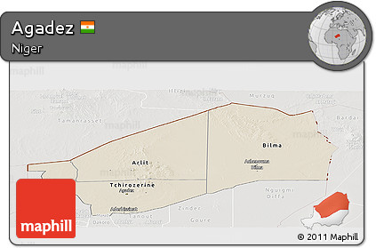 Shaded Relief Panoramic Map of Agadez, lighten, semi-desaturated