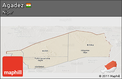 Shaded Relief Panoramic Map of Agadez, lighten, semi-desaturated