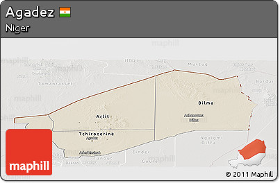 Shaded Relief Panoramic Map of Agadez, lighten, semi-desaturated