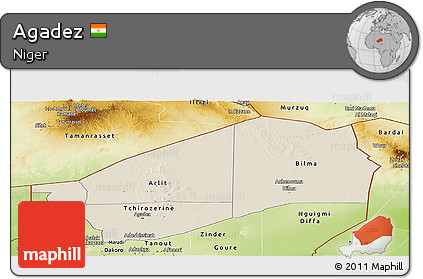 Shaded Relief Panoramic Map of Agadez, physical outside