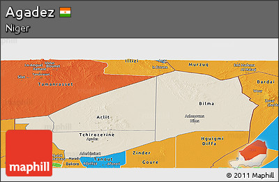 Shaded Relief Panoramic Map of Agadez, political outside