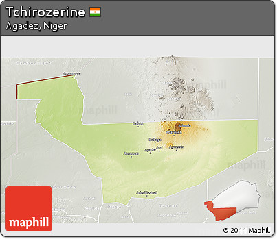 Physical 3D Map of Tchirozerine, lighten, semi-desaturated