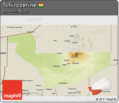 Physical 3D Map of Tchirozerine, shaded relief outside