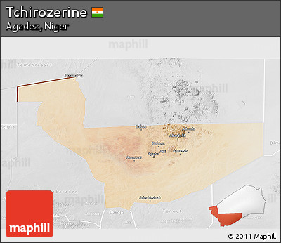 Satellite 3D Map of Tchirozerine, lighten, desaturated