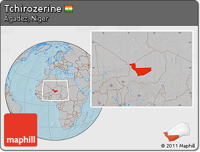 Gray Location Map of Tchirozerine, within the entire country, hill shading